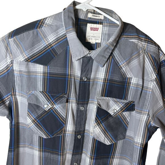 Levis Western Pearl Snap Gray  Plaid Long Sleeve L Regular Fit‎ Shirt - Picture 4 of 5